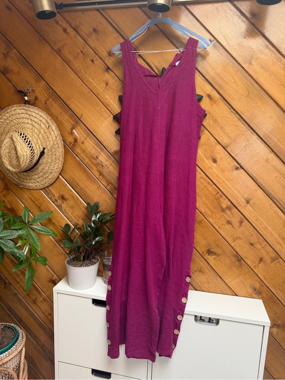Sleeveless Magenta Linen-Blend Jumpsuit with Side Buttons